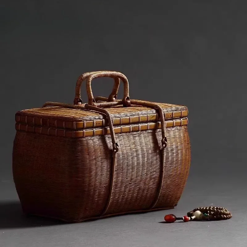 Boutique bamboo woven tea box portable travel tea set storage box handmade fine woven tea man bamboo woven bag rattan box