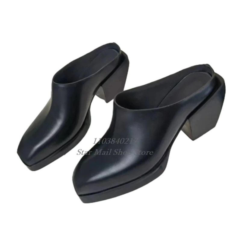 Luxury Black Genuine Leather Sandals Summer Men Outddor Half Slippers Fashion Peep Toe Slip On Mules Shoes Wedge Heel Anti-Slip