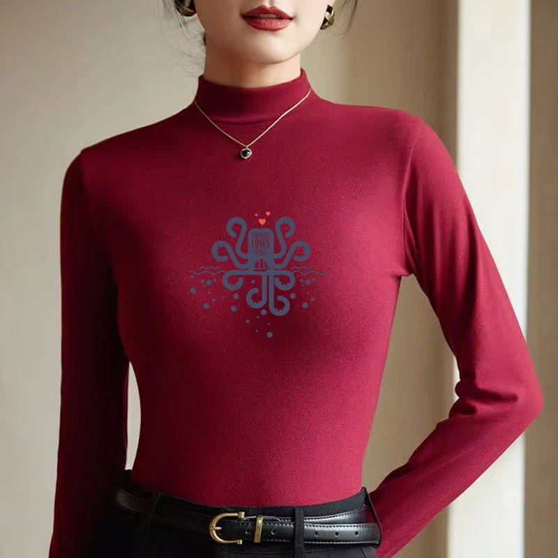 Winter Women's Thermal Brushed Fleece Half Mock Neck Long Sleeve T Shirt Octopus Nautical Ocean Boat Graphic Warm Tee