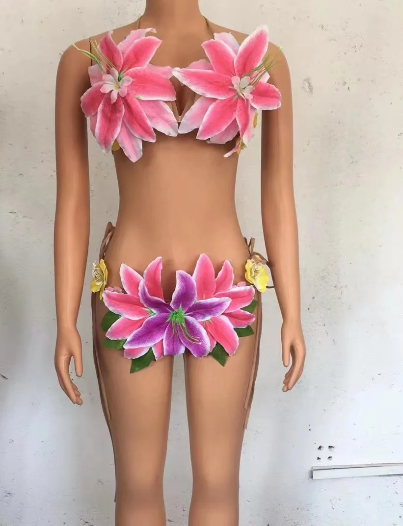 Big Flowers Bikini Sexy Costume Dancer Show 2 Pieces Stage Costume Outfit Evening Prom Party Clothing