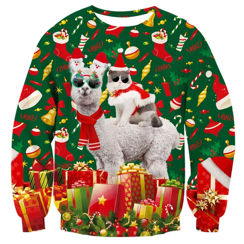 هوديي عيد الميلاد القبيح الكرتوني، هوديي ممتع لعيد الميلاد للرجال والنساء، بلوفر بأكمام طويلة ورقبة دائرية مطبوع ثلاثي الأبعاد للكلاب والقطط #3