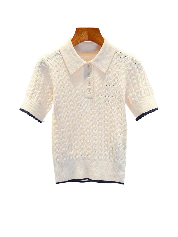 

SIVOS Luxury European Sle Women's Knitted Hollow out Ne T-irt Faionable Small Fraance Sle Top Quali Fabric