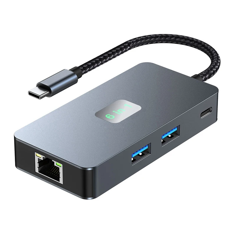 6-In-1 USB C Hub Laptop Docking Station Gigabit+USB3.2(10Gbps)+4K/60Hz HD+PD100W Fast Charge