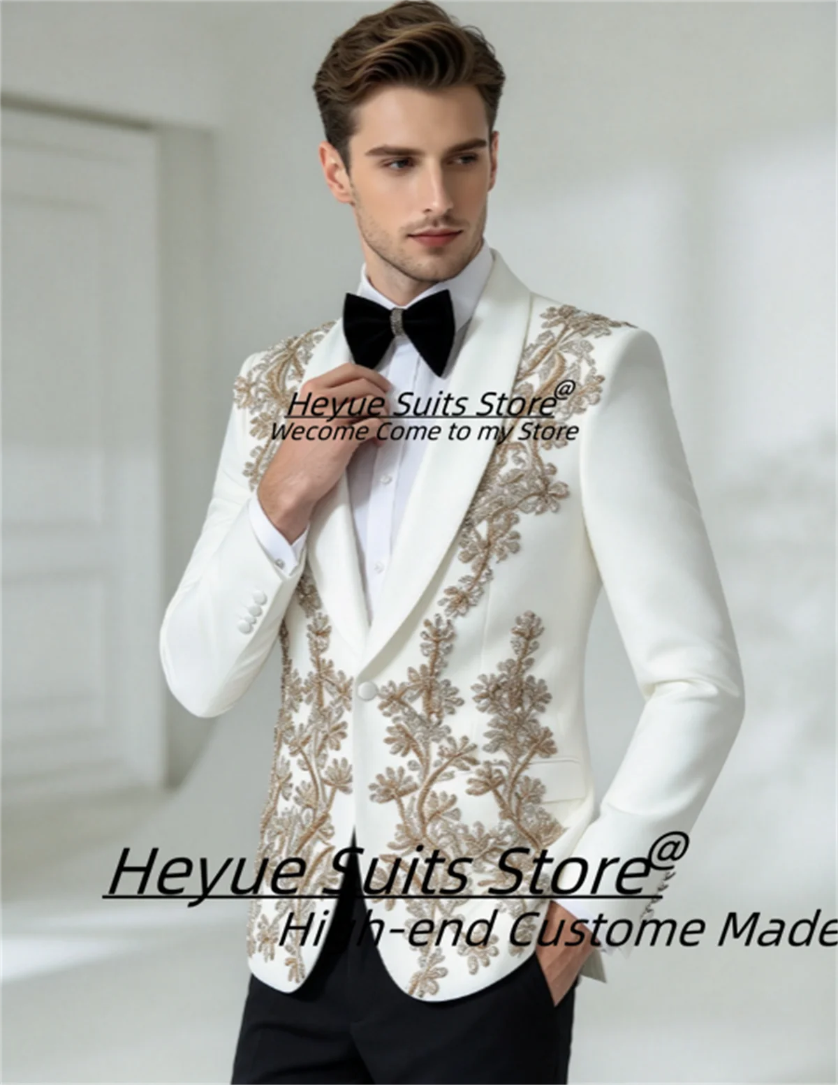 Elegant White Groom Wedding Tuxedo Customized Shawl Lapel Gold Floral Beaded Embroidery Men Suits Male Party Blazers Ropa Hombre