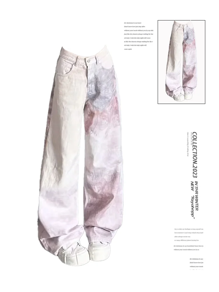 

Women's Pink Y2k Jeans Harajuku 2000s 90s Aesthetic Streetwear Baggy Tie-Dyed Denim Trousers Jean Pants Vintage Trashy Clothes