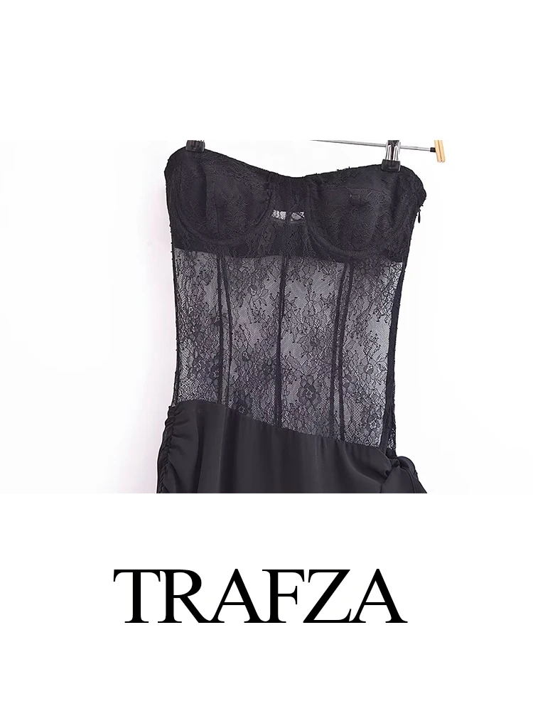 TRAFZA Vintage Sleeveless Backless Slim-Fit Casual Chic Female Dresses Women New Fashion Lace Jumpsuit Dress Vestidos robe Mujer