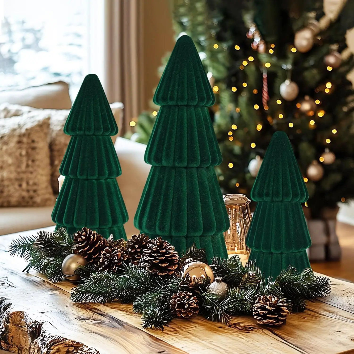 

3 Pcs Velvet Christmas Tree Decorations, Assorted Sizes, Modern Cone Artificial Trees for Holiday Tabletop Centerpiece (Green)
