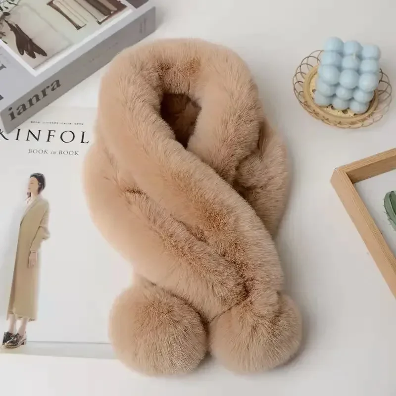 Women Fashion Clothes Accessories Autumn And Winter New Warm Scarf Fur Rabbit Plush Thick Scarf Solid Color Fur Ball Cross Gifts