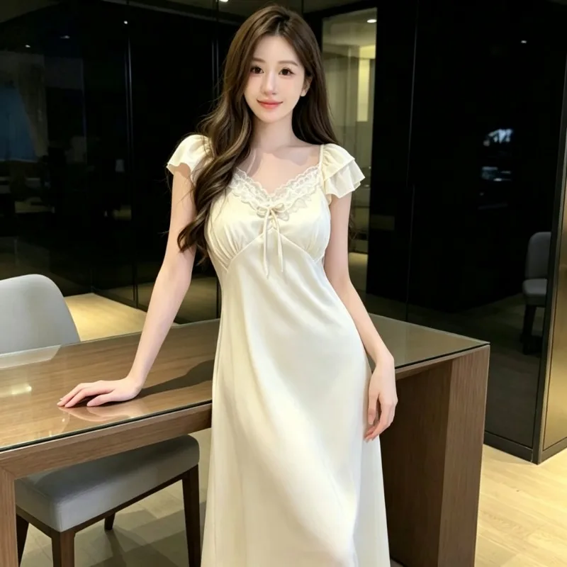 Elegant Ladies Summer Long NightDress Lace V Neck Sleeveless Nightgown With Built In Chest Pad Bow Design Casual Home Loungewear
