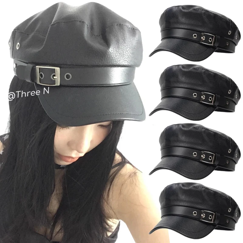 النساء السود بولي Leather القبعات الجلدية القوطية قبعات مسطحة موضة خمر قبعة واقية من الشمس إنجلترا شقة Y2k الفتيات الشرير نمط قبعة البيريه #2
