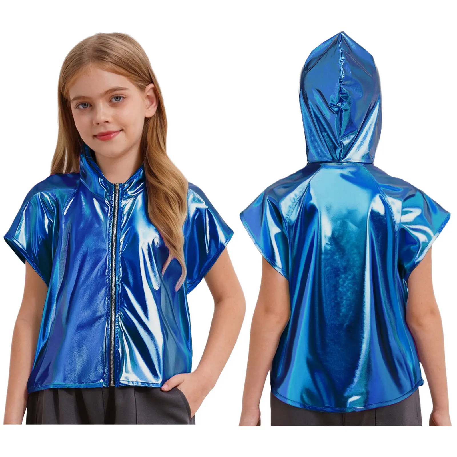 

Unisex Kids Boys Girls Hip Hop Disco Dance Vest Top Sleeveless Zipper Shiny Hoodie Jacket for Jazz Street Dance Daily Wear