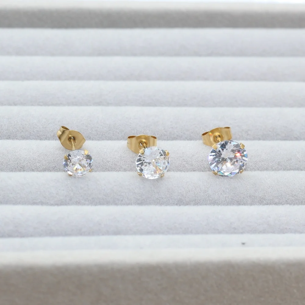 6 7 8mm Round Clean AAA Zircons Stainless Stud Earrings Golden IP Plating No Fade Gift