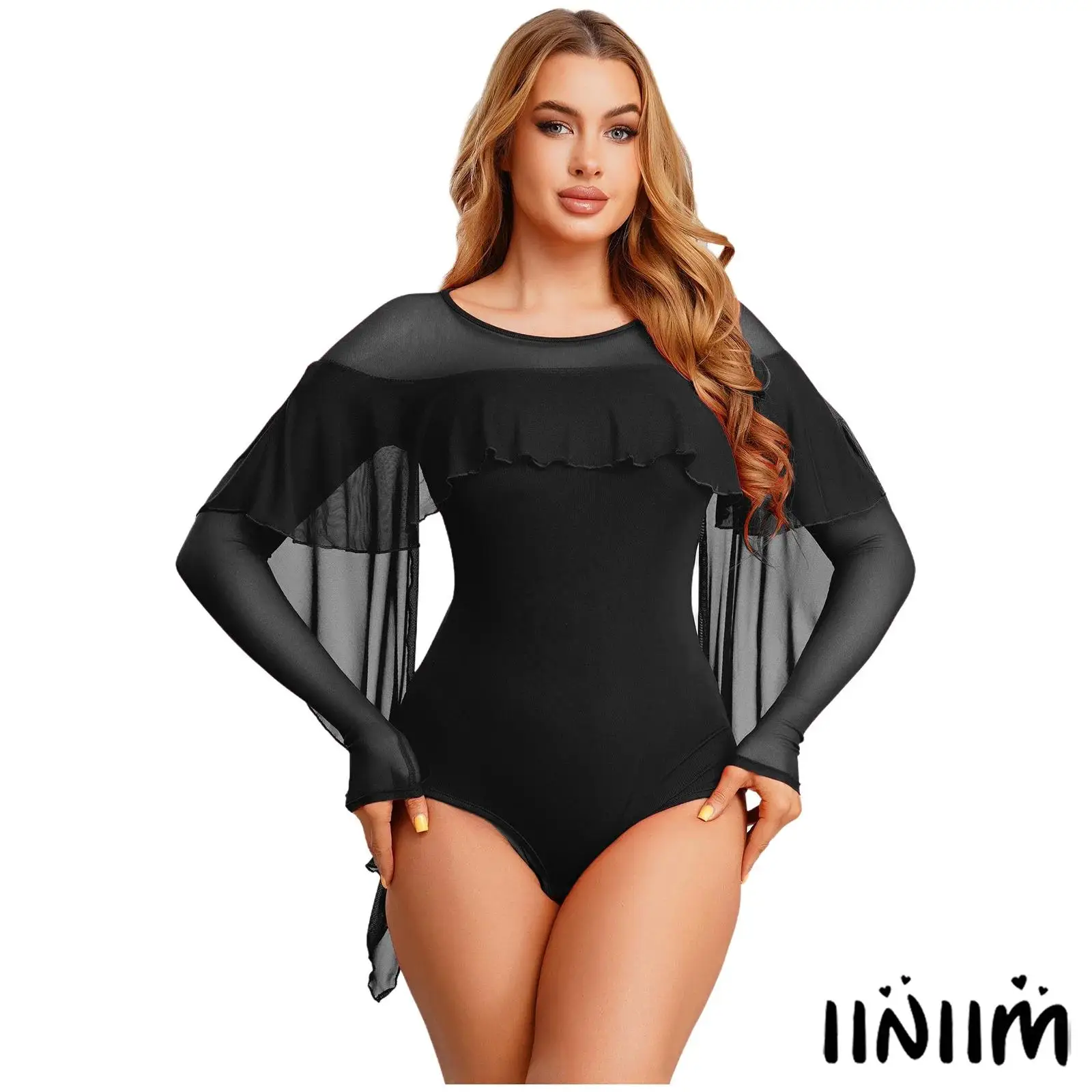 

Женский лирический трико для латинских танцев, сетчатый лоскутный купальник с нерегулярной накладкой и длинными рукавами, открывающийся боди с промежностью, одежда для танго, самбы