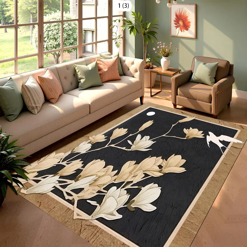 Chinese Style Magnolia Bird Moon Area Rug, Traditional Oriental Floral Print Floor Mat, Non-Slip Bedroom Carpet  Floor Mats