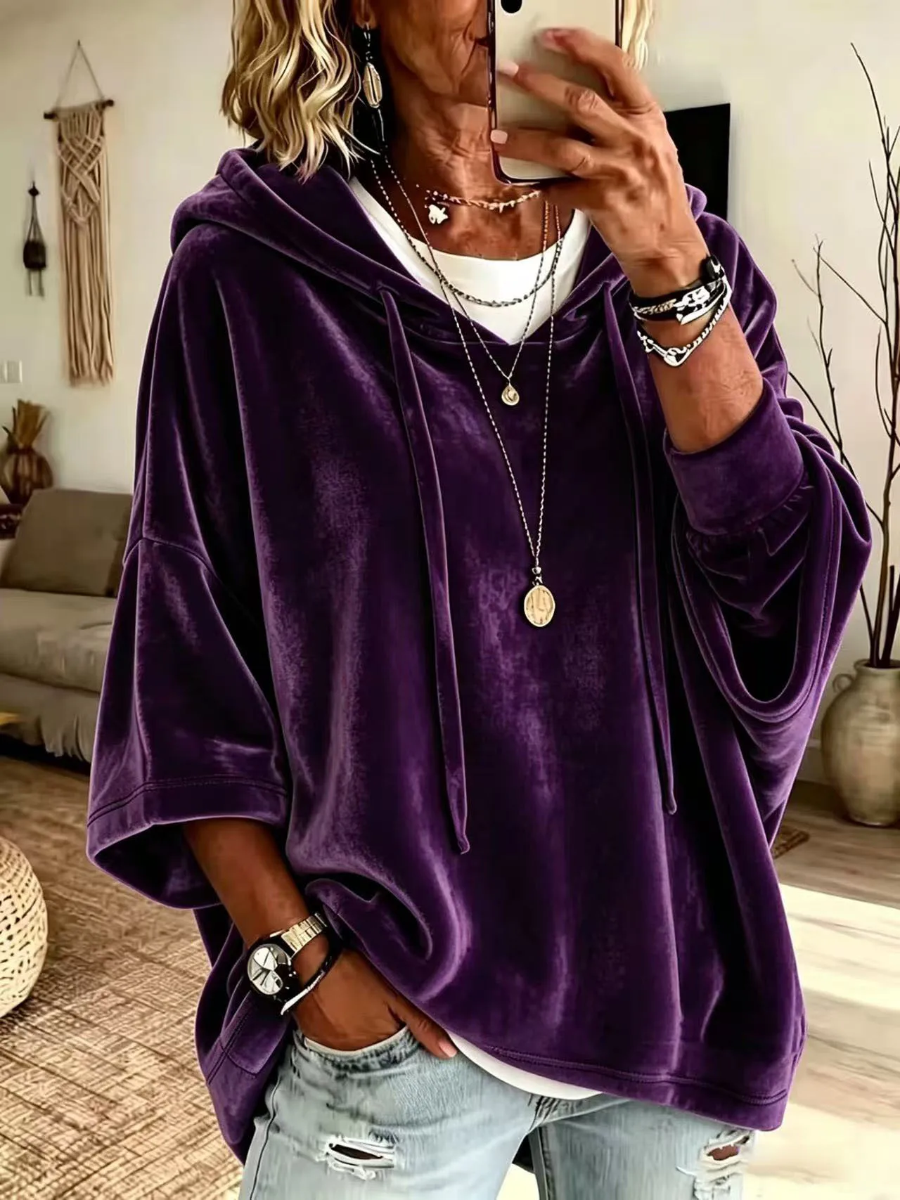 Picture 7: New Autumn Winter Women Solid Velvet Hoodie 3/4 Sleeve Casual Tops(4XL-5XL))