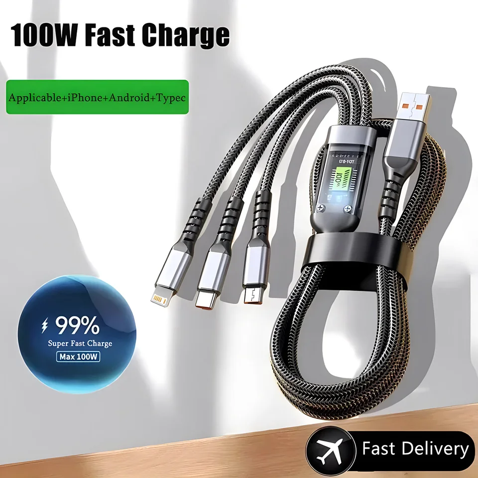 Cable de carga súper rápida 100W 3 en 1 transparente luminoso tipo C USB multi-extensión para Android