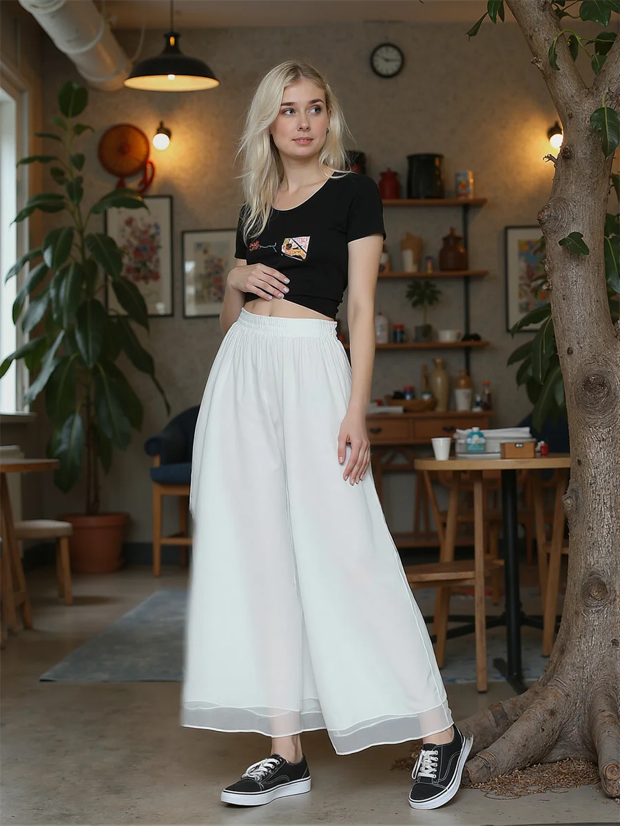 Calças de Chiffon de Perna Larga com Cintura Elástica para Mulheres, Verão, Estilo Clássico Casual com Padrão Jovem