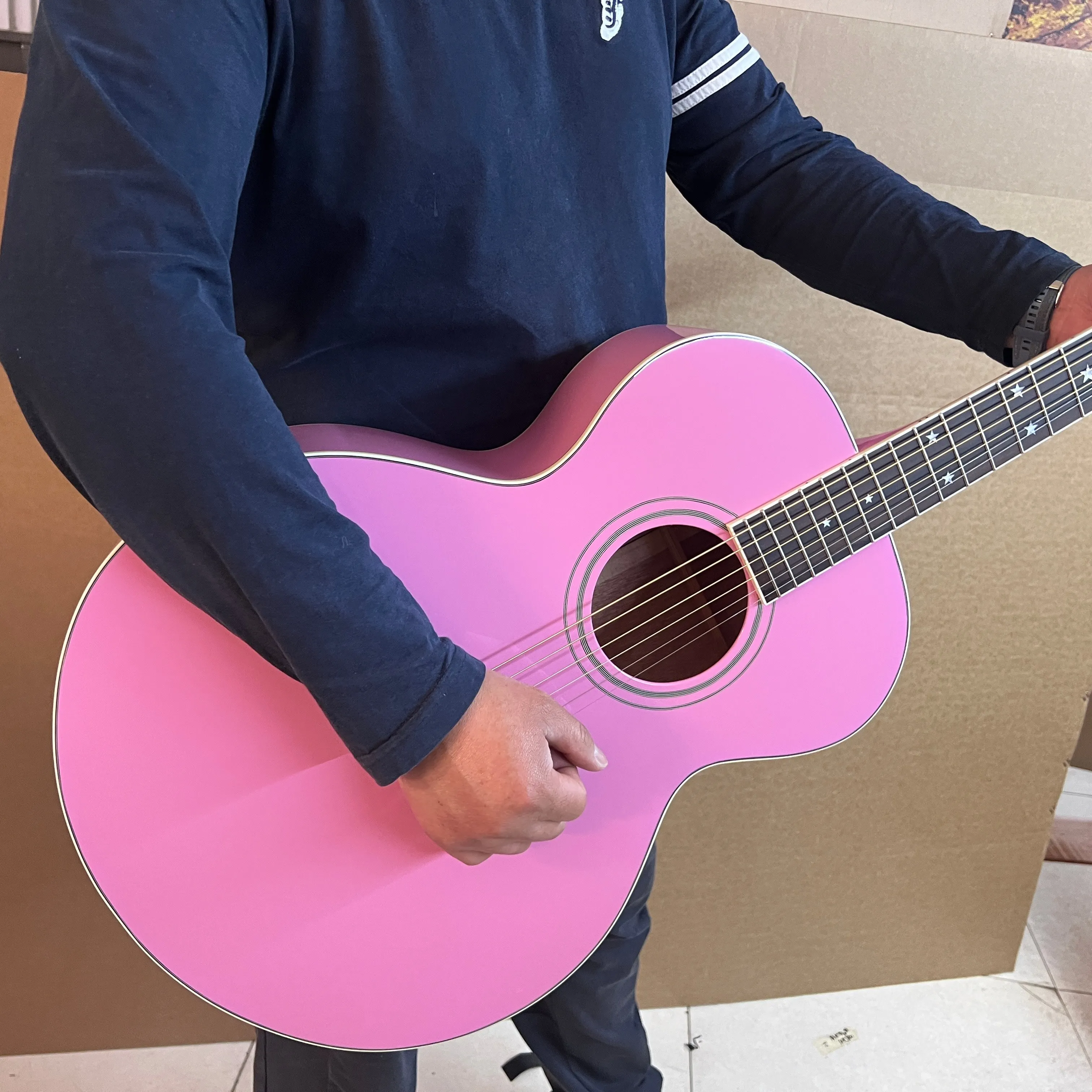 Handmade J Style 180 Version Bright Pink Acoustic Guitar with Solid Spruce Top, Back/Sides Laminate, Rosewood Fingerboa