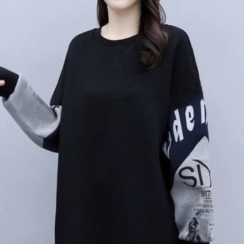 

Women Spring and Autumn Fashion Korean New O-Neck Casual Pullovers Sweater Solid Color Printed Spliced Loose Long Sleeves Tops