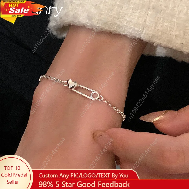 

Foxanry Silver Color Love Heart Pin Bracelets For Women Girls Simple Creative Trendy Temperament Sweet Birthday Jewelry Gifts