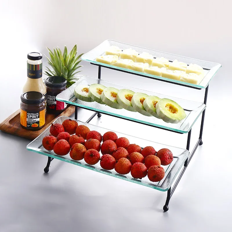 European Style 2/3 Layer Glass Tray Metal Support Fruit Plate Cake Pan Dessert Home Decoration Tableware