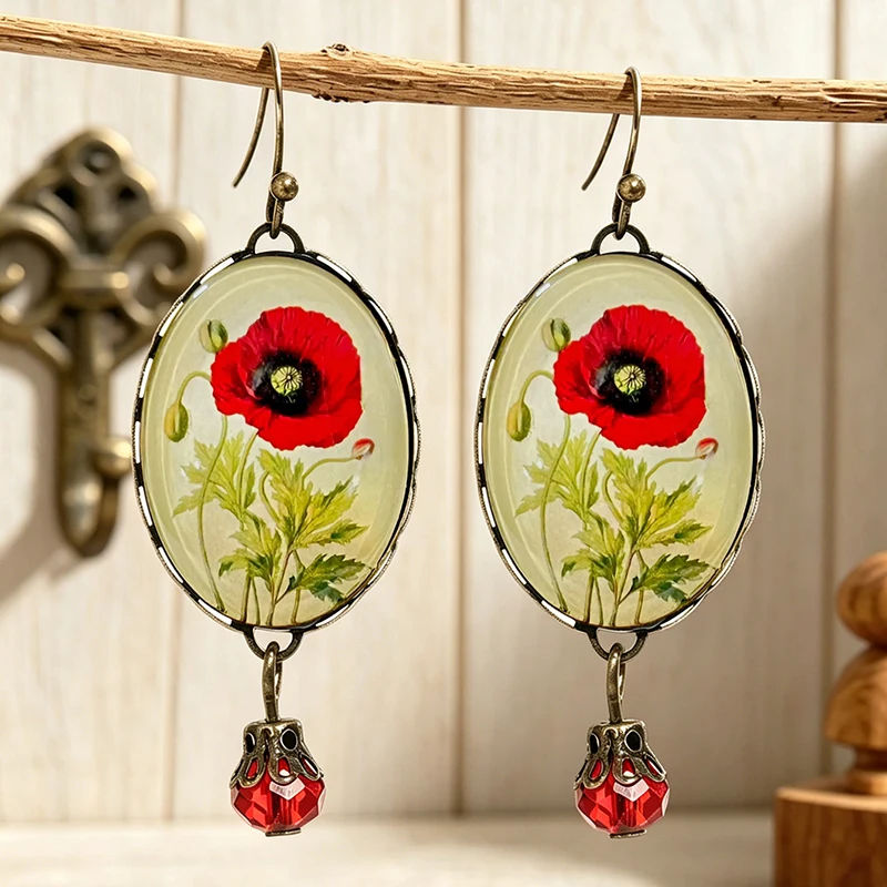 Boucles d'oreilles romantiques en verre en forme de fleur de coquelicot, finition bronze antique, bijoux fins pour elle, cadeau élégant