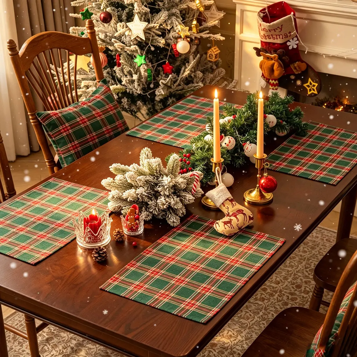 2/6/12Pcs Christmas Tartan Plaid Placemats Washable Table Mats for Holiday Dining Table Decor