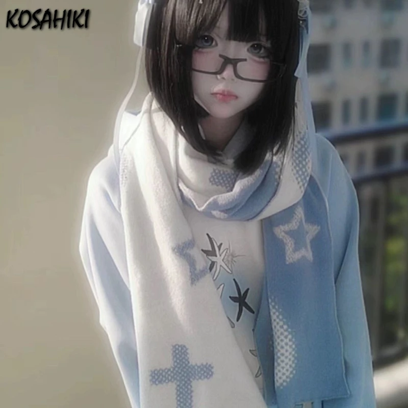 Y2k Aesthetic Girl Star Printing Scarf Harajuku Two-sided Warmth All Match Neckerchief 2024 Japanese Fashion Streetwear Scarves