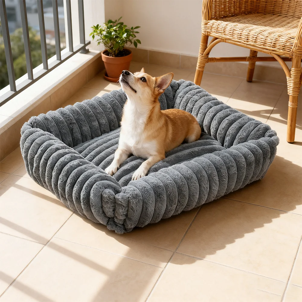 

Серая прямоугольная лежанка-пончик для домашних животных 63x53x18 см для средних собак и кошек, водонепроницаемая защита с нескользящим дном и фиксированной подушкой