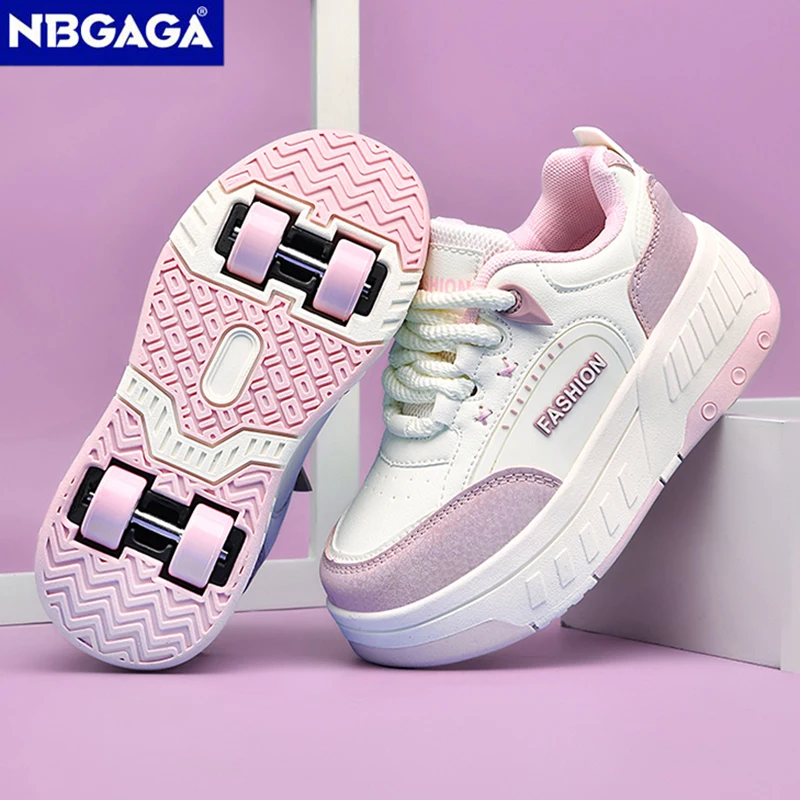 Lace-up Outdoor Breathable Walking Shoes For Children Boys Girls Fashion Four-wheeled Retractable Sports Roller Skates Sneakers
