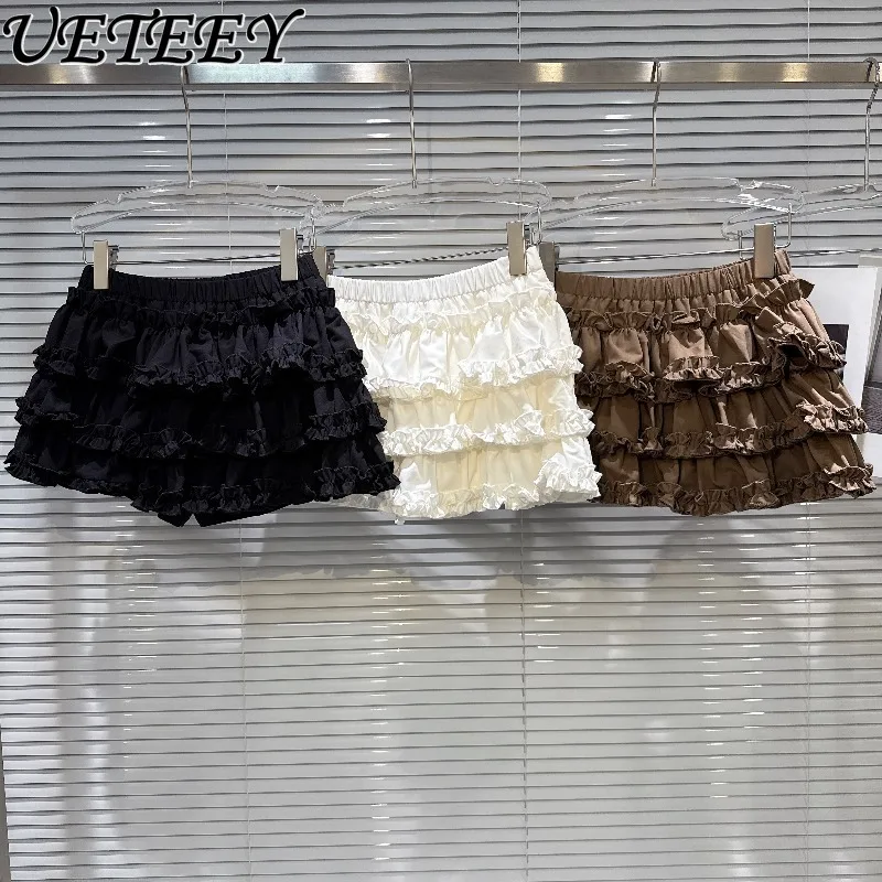 

Лето и осень, новый стиль, элегантная милая многослойная кружевная короткая юбка с рюшами и эластичной высокой талией, утягивающие мини-юбки