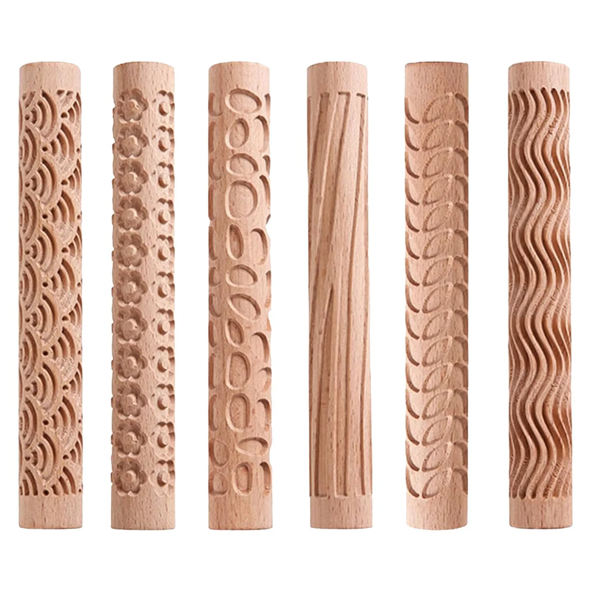 6Pcs Clay Modeling Pattern Rollers, Texture Rollers for Clay Wooden Handle Pottery Tools Stars Wood Wave