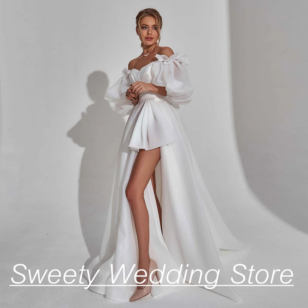 

Cheap Organza Wedding Dress Sweetheart Puff Sleeves Pleat Ruched High Slit A Line Bridal Gown Lace-up Back Vestidos De Novia