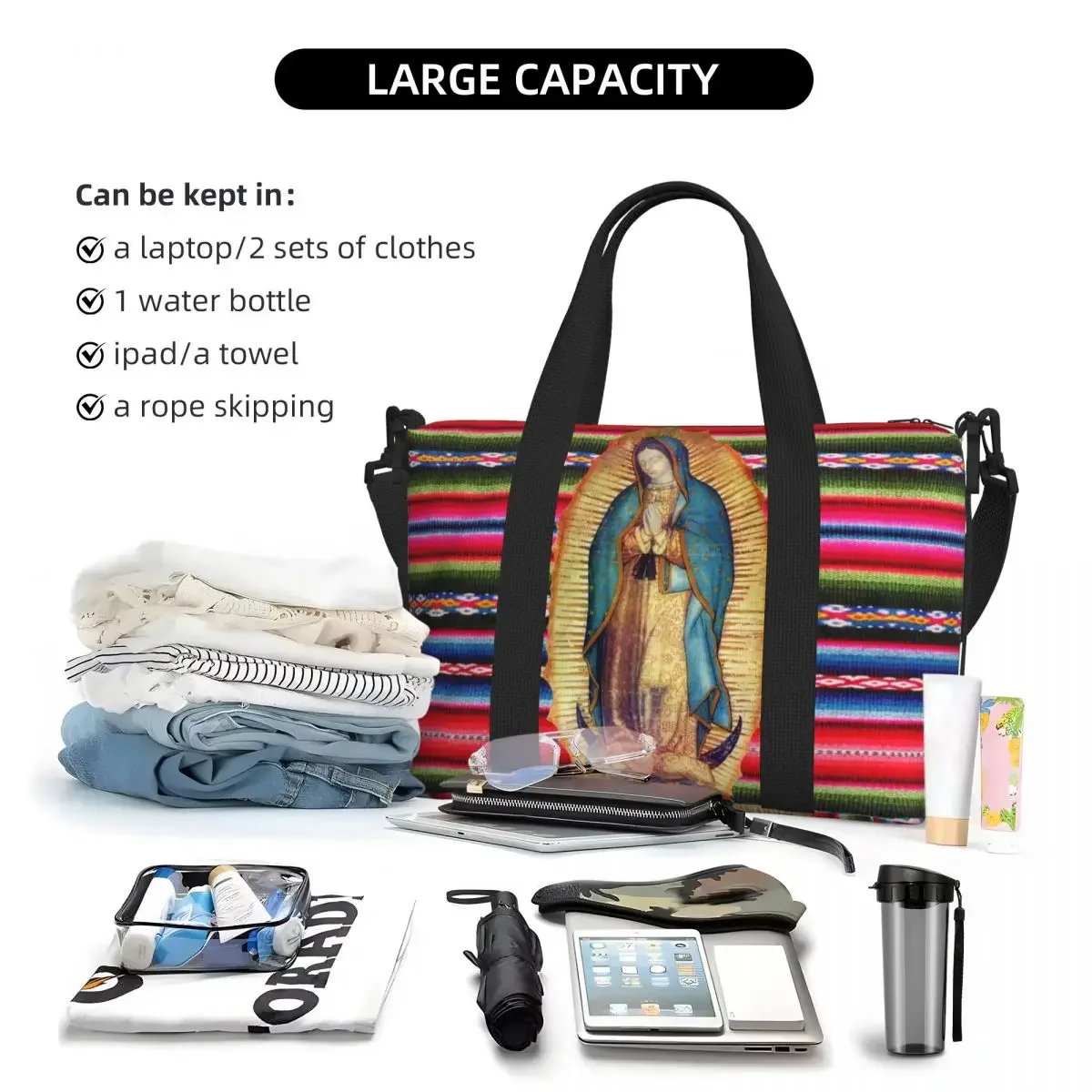 مخصص سيدة غوادالوبي عذراء ماريا زرابي حمل حقيبة المرأة سعة كبيرة مريم العذراء الكاثوليكية شاطئ الكتف حقيبة سفر