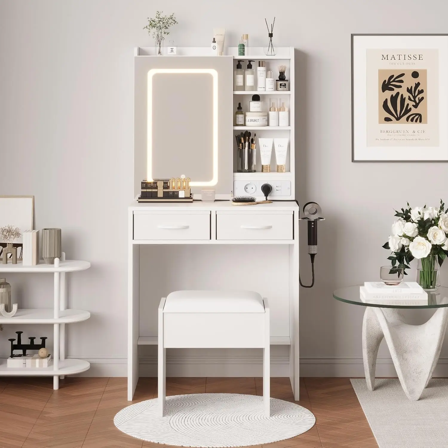 Coiffeuse avec miroir éclairé par LED, station de recharge, tabouret de rangement rembourré, 3 modes d'éclairage et beaucoup de rangement pour le