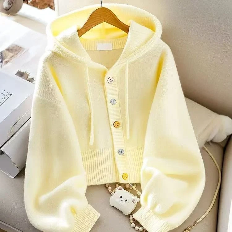2026 Early Autumn Women Hooded Knit Cardigan Korean Style Button Sweater Top Casual Loose Outerwear