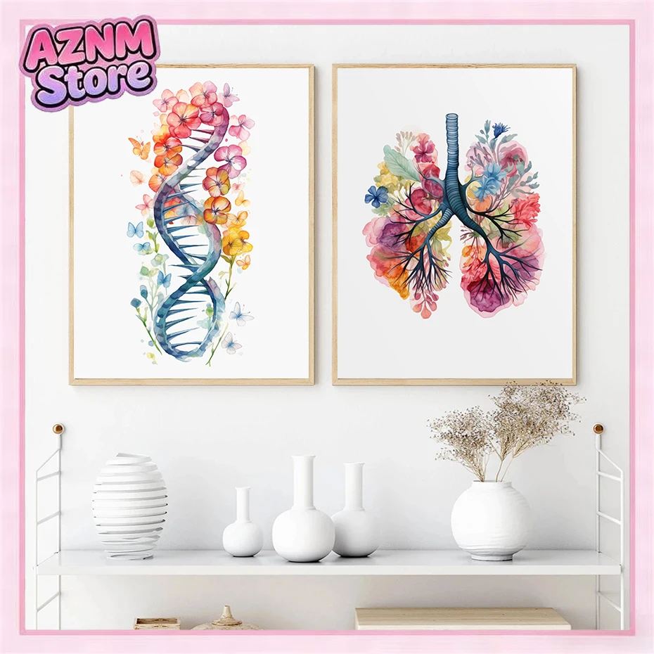 Anatomy Of Human Organs Posters Flower Lungs Watercolor Neurology Psychologist Canvas Painting Wall Picture Medical Office De
