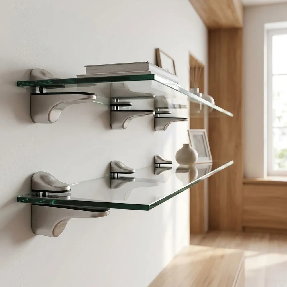 Metal Glass Shelf Bracket Constructed from Zinc Alloy for Reliable Support in Home and Office Shelving Installations