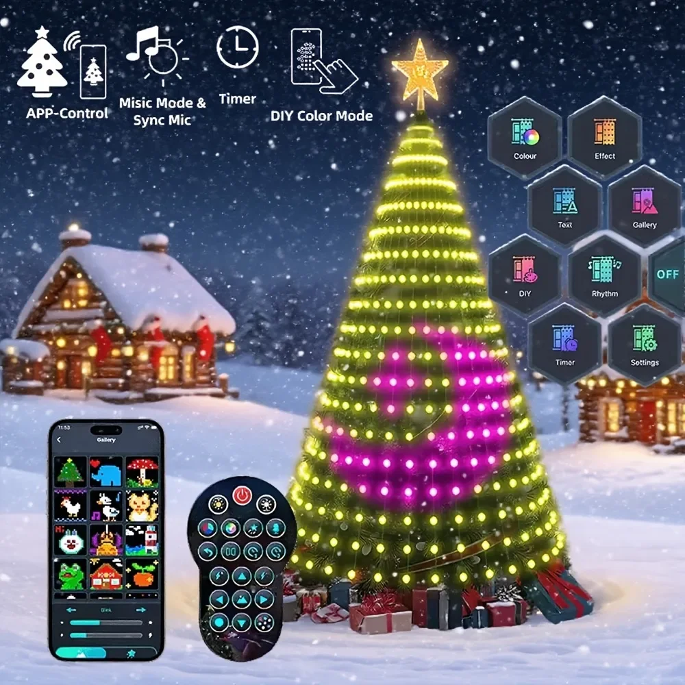 Pohon Natal Pintar 6.9 kaki 400 LED dengan Kontrol Jarak Jauh Aplikasi, Pola Teks DIY, Tahan Air untuk Dekorasi Pohon Natal Dalam dan Luar Ruangan