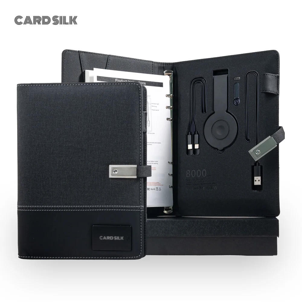 دفتر ملاحظات A5 مزود بنك طاقة، شحن لاسلكي، كابل شحن، محرك أقراص USB، حامل هاتف مغناطيسي متعدد الوظائف للمكتب