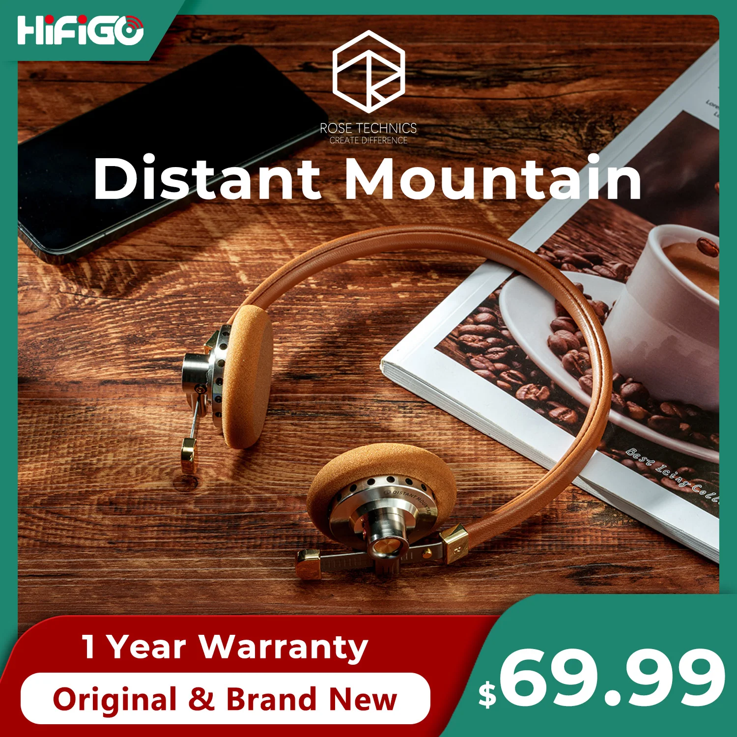 

Roseselsa Distant Mountain Headphone 40mm Diaphragm Driver Wired Classic Retro Hifi Headset Coaxial Lambskin Headband