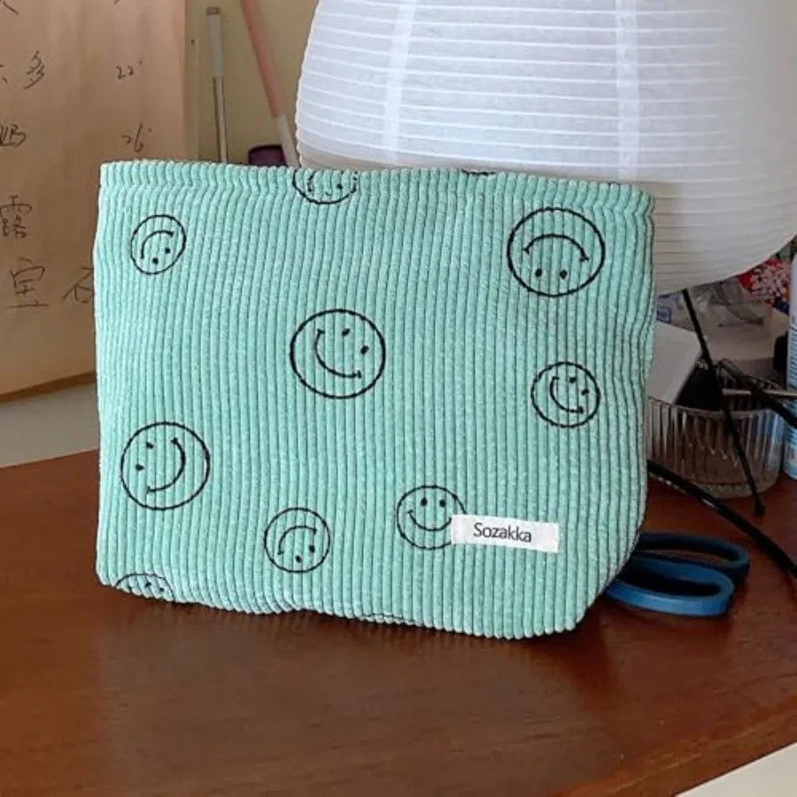 Cosmetic Bags for Women - Corduroy Cosmetic Bag Aesthetic Women Handbags Purses Smile Dots Makeup Organizer Storage Makeup Bag