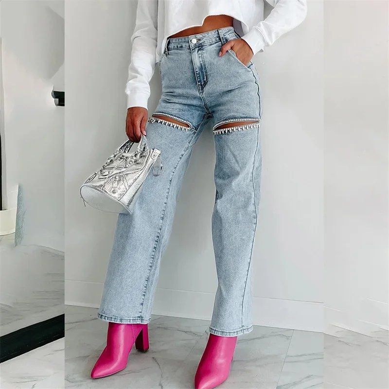 

2024 Fashion Thigh Split Diamante Decoration Straight Jeans Women Casual Denim Trousers High Waist Pants Female Trend Streetwear