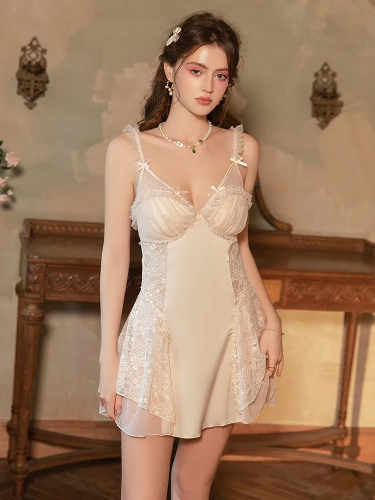 Sexy Summer Dating Perspective Satin Nightgown Lace Hollow Out Adjustable Push Up Bra Removable Pads Backless Sleep Dress