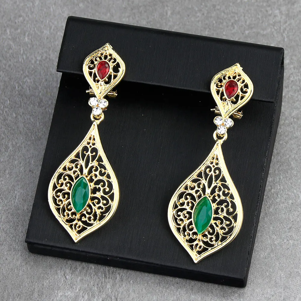 Sunspicems Gold Color Caftan Drop Earring for Women Red Green Stone Algerian Crystal Wedding Jewelry Arabic Bridal Gift