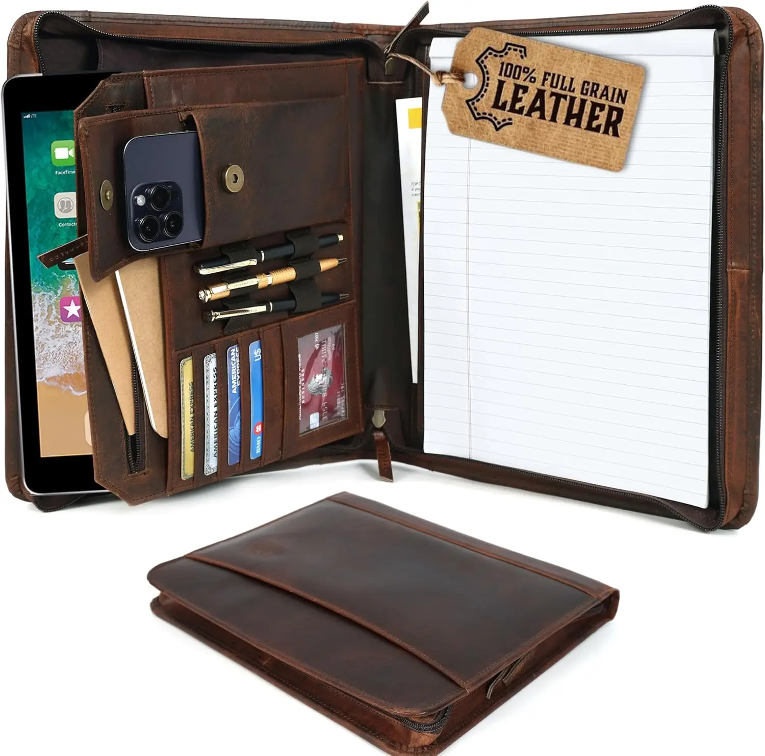 

Leather Portfolio Organizer with Zipper for Men, A4 Padfolio Business Binder, Brown