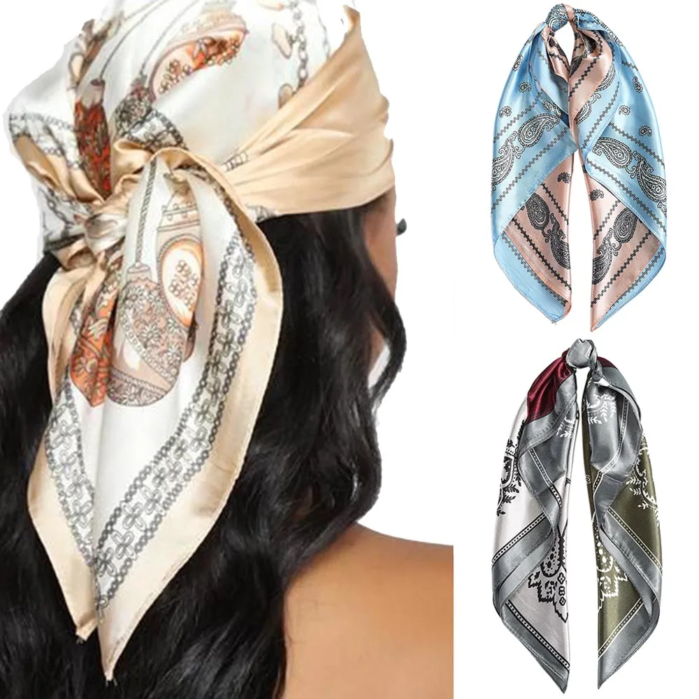 60*60CM Printing Bandanas Hair Bands For Girls Women Square Satin Scarf Fashion Turban Headband New Vintage Hair Accessories