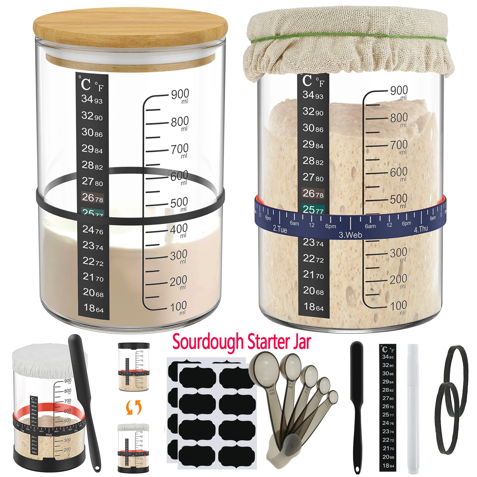 Kit de tarro de inicio de masa fermentada, contenedor de inicio de masa fermentada de vidrio transparente de 900ml, tarros de fermentación para hornear, herramientas de cocina para almacenamiento de alimentos