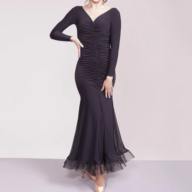 

Standard Ballroom Waltz Dance Dress Adult Long Sleeve Elegance Dancing Costume Women Black Ballroom Competition Dance Dresses