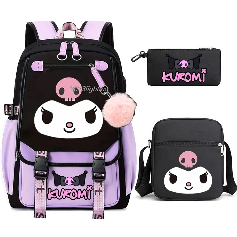 3pcs My Kuromi School Bags Cartoon Backpacks Set for Girls Anime School Bag Teens Student Canvas Laptop Back Pack Women Rucksack